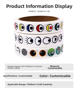 Detail view of colorful cartoon eye sticker rolls for DIY kids crafts and creative art