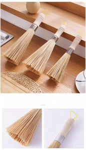Close-up of durable bamboo pot brush bristles with hanging rope for kitchen cleaning