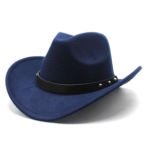 Detail of navy wool western cowboy hat with studded leather band and textured finish