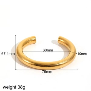 Minimalist gold stainless steel open bangle bracelet with size and weight dimensions