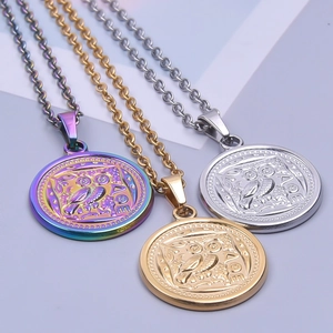 Three-color stainless steel owl coin necklaces in gold, silver, and iridescent finishes