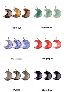 Detailed grid of crescent moon stone pendants in tiger eye, aventurine and obsidian
