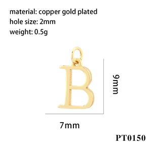 Detailed view of golden 9mm letter B pendant with specific size and material specs