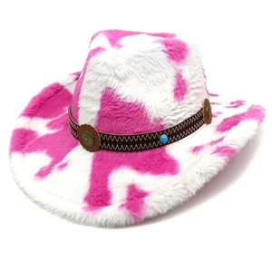 Pink and white cow print plush western cowboy hat with studded brown leather band