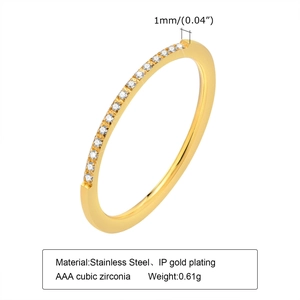 Macro detail of 1mm gold-plated stainless steel ring with colorful cubic zirconia