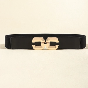Close-up of black elastic waist belt with symmetric polished light gold metal buckle