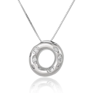 Macro detail of silver circle necklace featuring micro-set cubic zirconia on a box chain