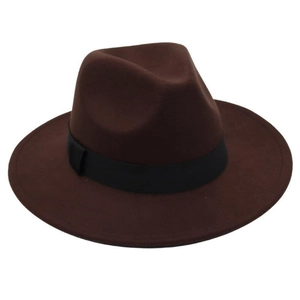 Detailed view of dark brown felt jazz hat featuring an elegant black satin ribbon band