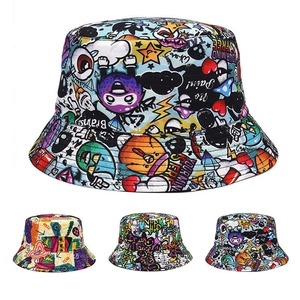 Graffiti Bucket Hat Acrylic Double Sided Full Print Cartoon Streetwear Hip Hop Sun Protection Outdoor For Women Men