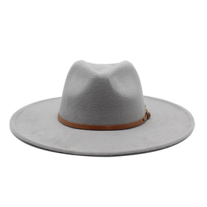 Classic grey wide brim wool fedora hat with brown leather band and metal buckle for unisex