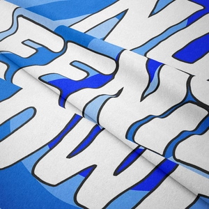 Detailed knit texture of Bohemian tapestry featuring artistic Pearl Jam printed lettering