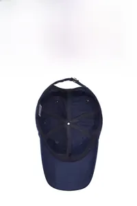 Detail view of navy blue baseball cap interior with breathable stitching and adjustable metal buckle
