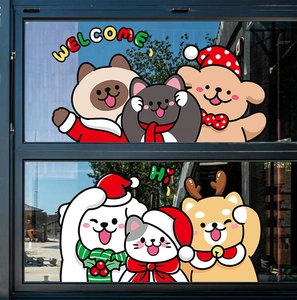 Festive Christmas static window clings featuring cartoon bear, cat, and dog on glass