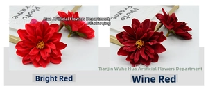 Detail of faux silk dahlia flower heads in bright red and wine red for floral DIY