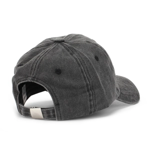 Detail of child's washed denim baseball cap featuring adjustable metal buckle at back