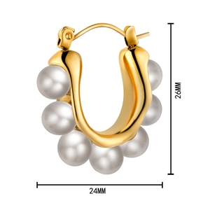 U-shaped stainless steel gold hoop earrings with seven white pearls for women