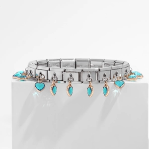 Italian style stainless steel link bracelet with rose gold rimmed cyan heart charms