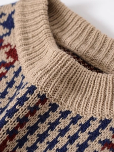Detailed close-up of crew neck ribbing and vintage geometric jacquard knit pattern