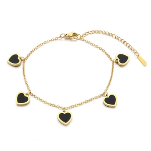 Bracciale in acciaio inossidabile placcato oro 18K con cinque ciondoli a cuore neri