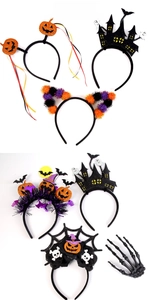 Detail view of Halloween headbands with pumpkin, bat and ghost festive design elements