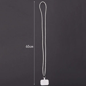 Detailed view of 65cm silver rhinestone crossbody phone strap with length indicator