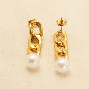 Boucles d'oreilles pendantes en acier inoxydable doré 18K avec perle et chaîne cubaine
