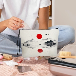 Ink landscape painting makeup bag with wrist strap in cream canvas for travel