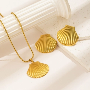Parure De Bijoux Collier Et Boucles D'oreilles Coquillage Plaqué Or 18K Acier Inoxydable Thème Marin Pour Femmes