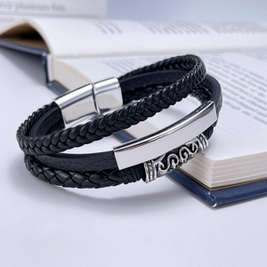 Fashion retro multilayer black leather bracelet set with silver magnetic clasp for men
