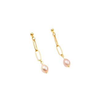 Elegant gold chain link earrings with teardrop pearls shown in a 45-degree front view