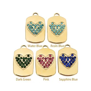 Rectangular gold stainless steel heart pendant with colorful micro-inlaid resin crystals