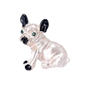 French Bulldog brooch in silver alloy with black enamel and green rhinestone eyes