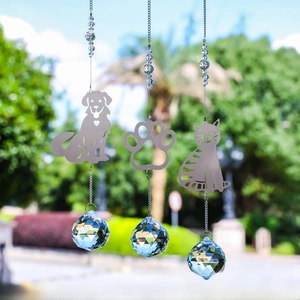 Three-piece set of metal suncatchers with pet paw prints and sparkling crystal balls