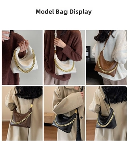 Detailed model views of the crescent chain shoulder bag in four chic leather colors
