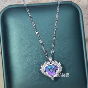 Titanium steel heart necklace with gradient purple crystal and zircon accents