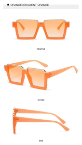 Three-angle view showing front and side details of orange square frame fashion glasses