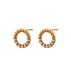 Elegant gold twisted hoop earrings with delicate pearl inlay for a vintage fashion style