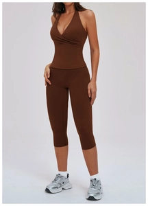 Three-piece brushed yoga set featuring a chocolate brown halter top and high-waisted leggings