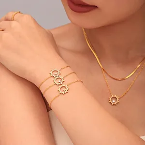 Collier Et Bracelet En Acier Inoxydable Tournesol Zirconia Incrusté Mode Luxe Léger Pendentif Soleil Radiant Accessoires Femme