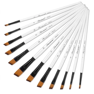 12-piece white handle acrylic paint brush set with angled nylon hair for oil and watercolor