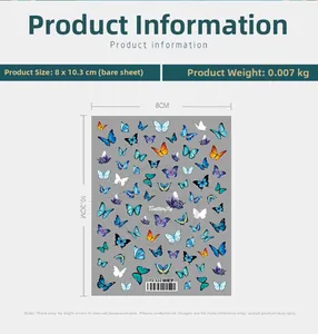 Détail d'autocollants papillon pour ongles avec dorure, dimensions 8x10,3 cm et poids 7g