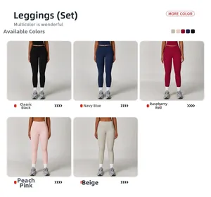 Confronto dettagliato di leggings a vita alta in cinque colori tra cui blu e rosso