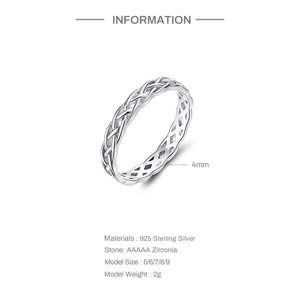 Detail view of 4mm 925 sterling silver woven ring band with AAAAA zirconia stones