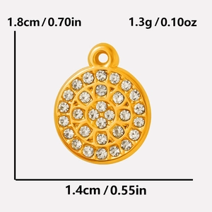 Detail of round gold pendant with rhinestones including size and weight measurements
