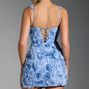 Vue de dos de la mini robe bleu clair sans manches à col carré avec textures roses 3D