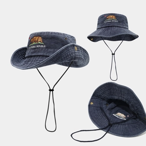 Washed Cotton Bucket Hat With California Republic Bear Embroidery Adjustable Chin Strap Outdoor Sun Protection Hat
