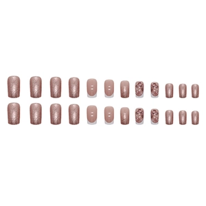 Set of 24 square-oval press-on nails in rose pink glitter and butterfly art design