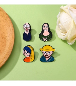 Detailed set of 4 cartoon enamel pins featuring iconic fine art masterpiece parodies