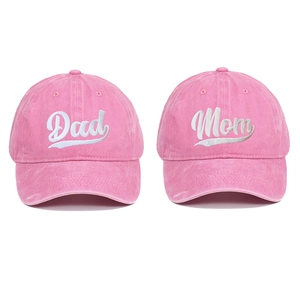Pink washed cotton baseball caps with Dad and Mom embroidery for couples in a 2-piece set