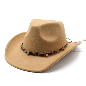 Camel western cowboy wool felt hat with leopard band and gold star metal accents